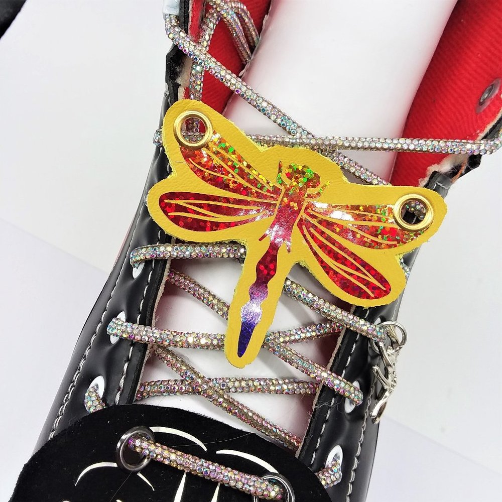 Dragonfly Shoe Charm   Roller Skates Leather Holographic lace patch